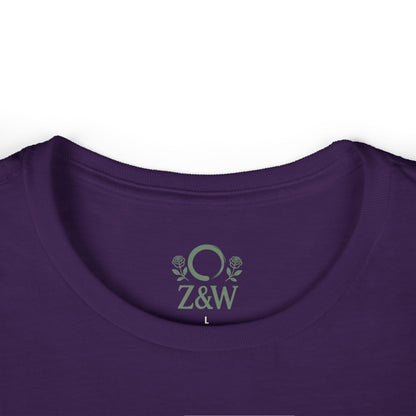 Close-up of the purple round neckline of a Cozy Plant Guitar Sweatshirt, featuring Z&W and floral details, emphasizing its cozy and custom design.
