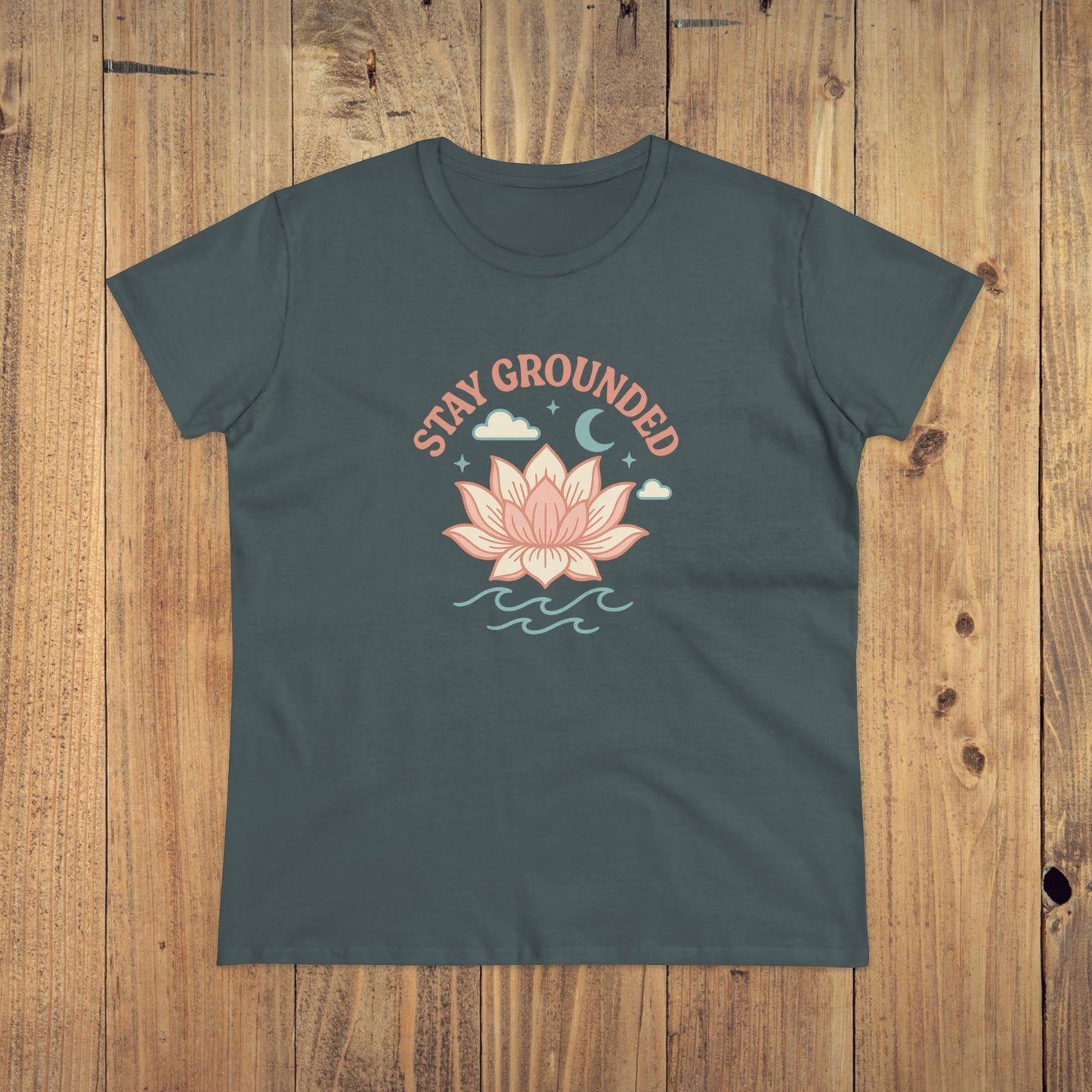 Stay Grounded Spiritual Tee in deep gray featuring a serene lotus flower graphic, an excellent option for comfortable outings and events.