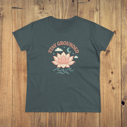 Stay Grounded Spiritual Tee in deep gray featuring a serene lotus flower graphic, an excellent option for comfortable outings and events.