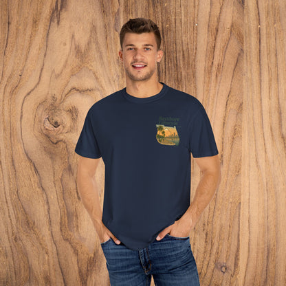 Model proudly wearing the Bayshore Lifestyle Tee in navy, highlighting the trendy palm tree graphic and comfortable fit suitable for all seasons.