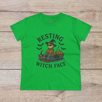Resting Witch Face Halloween T-Shirt for Women in vibrant green color, featuring a playful design of a witch with sunglasses, perfect for parties and gifts.