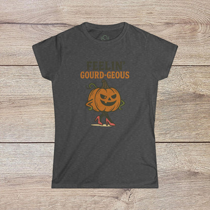 Gourd-geous Halloween Pumpkin T-Shirt in dark gray, displaying a chic pumpkin figure in high heels, a must-have for spooky apparel and autumn style.