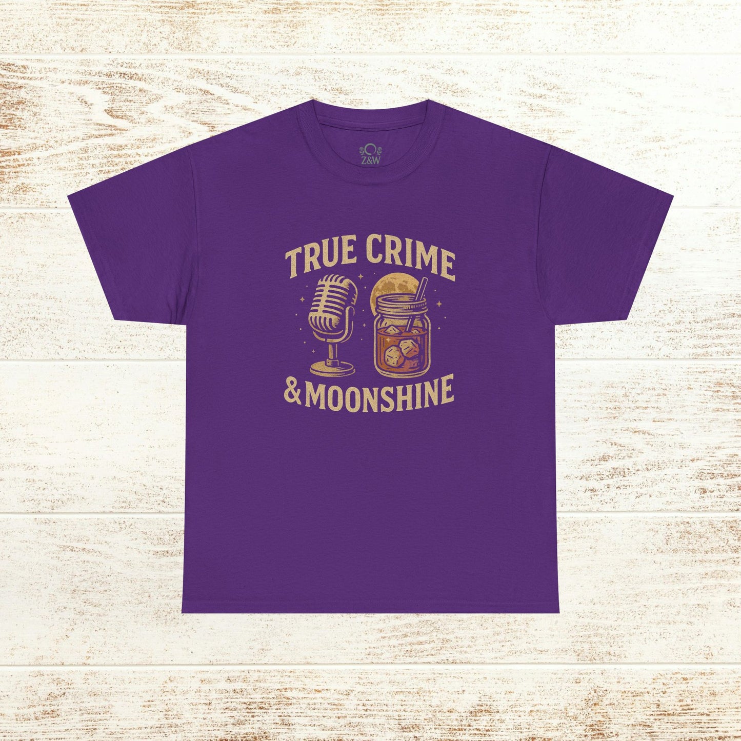 True Crime & Moonshine Unisex Graphic Tee in purple with vintage design featuring a microphone and a jar, ideal casual wear for true crime lovers.