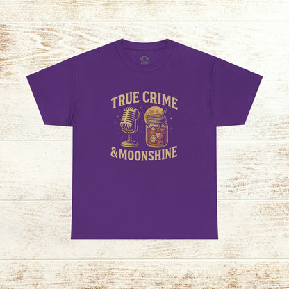 True Crime & Moonshine Unisex Graphic Tee in purple with vintage design featuring a microphone and a jar, ideal casual wear for true crime lovers.