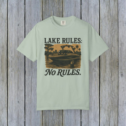 Unisex Garment-Dyed Lake Rules Tee in soft mint green, displaying a lake illustration and the phrase 'Lake Rules: No Rules.', designed for comfort and outdoor adventures.