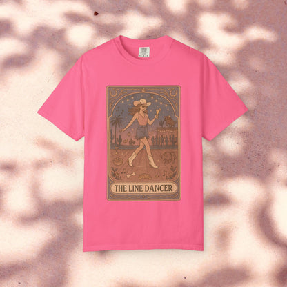 Line Dancer Tarot Tee in pink, featuring a playful line dancer graphic, perfect for everyday outfits, crafted from comfortable cotton, available in sizes S-4XL, ethically produced.