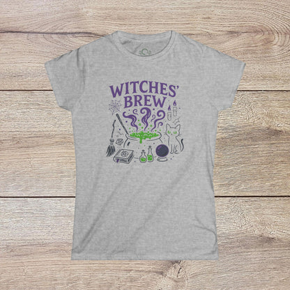 Witches' Brew Halloween T-Shirt in gray displaying a charming illustration of a cauldron with potions, a cat, and witchy symbols, made with eco-friendly cotton in a classic fit.