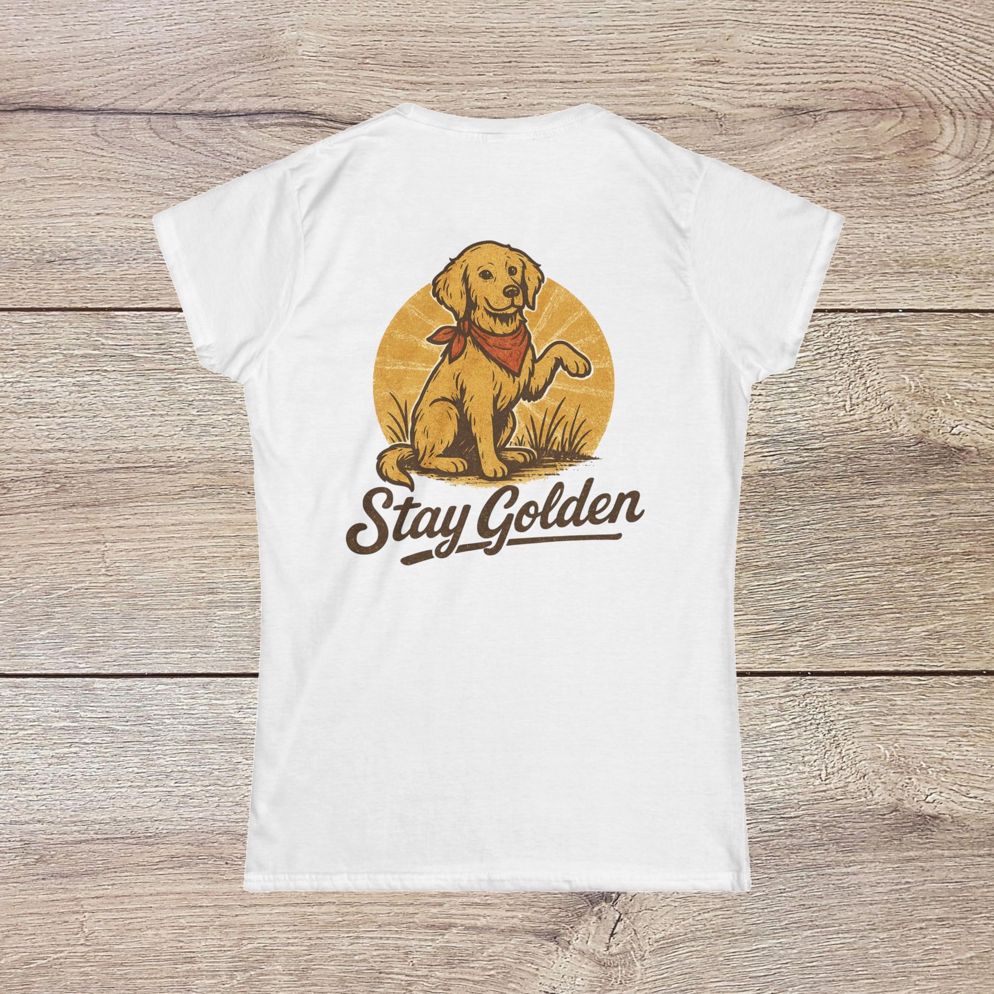 Back view of the Stay Golden Dog Tee, featuring a playful golden retriever graphic and 'Stay Golden' text, crafted in a soft cotton blend for ultimate comfort.
