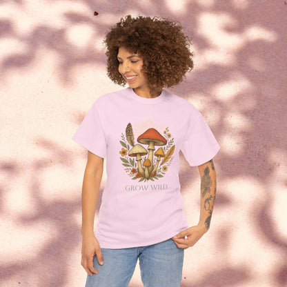 Wild Mushroom Graphic Tee in soft pink, displaying a charming mushroom design with floral accents, an excellent addition to any nature lover's wardrobe.