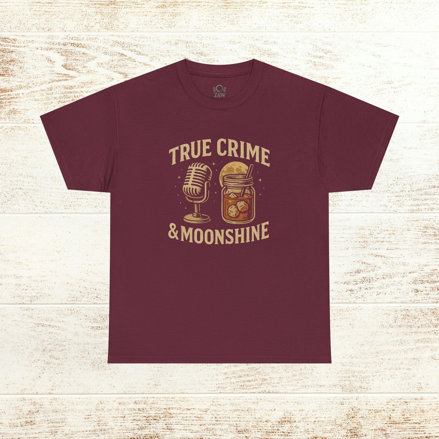 True Crime & Moonshine Unisex Graphic Tee in burgundy - Vintage Casual Wear for True Crime Lovers showcasing a microphone and moonshine jar graphic.