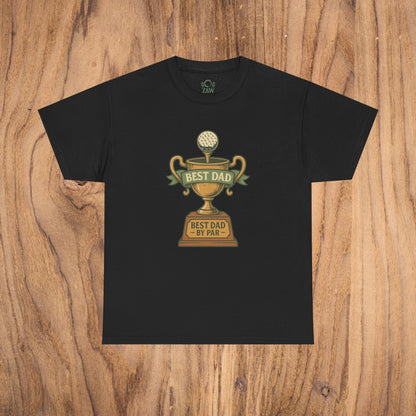 Best Dad Trophy T-Shirt presented on a wooden surface, with a striking design of a trophy and the words 'BEST DAD BY PAR', combining durability and style in a classic black color.