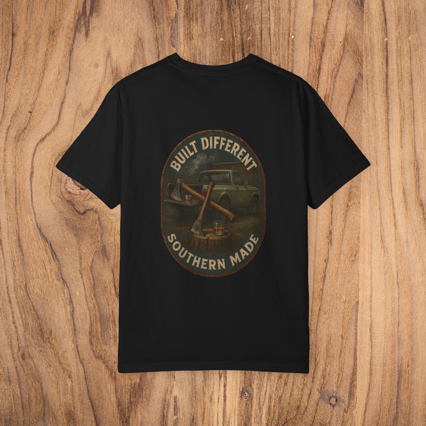 Back design of Premium Southern Made T-Shirt featuring a classic car and 'Built Different Southern Made,' blending vintage charm with modern style.