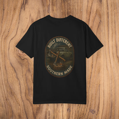 Back design of Premium Southern Made T-Shirt featuring a classic car and 'Built Different Southern Made,' blending vintage charm with modern style.