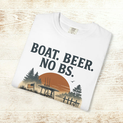 Boat Beer No BS Tee displayed flat in white color, featuring a stylish graphic with a sunset and forest.