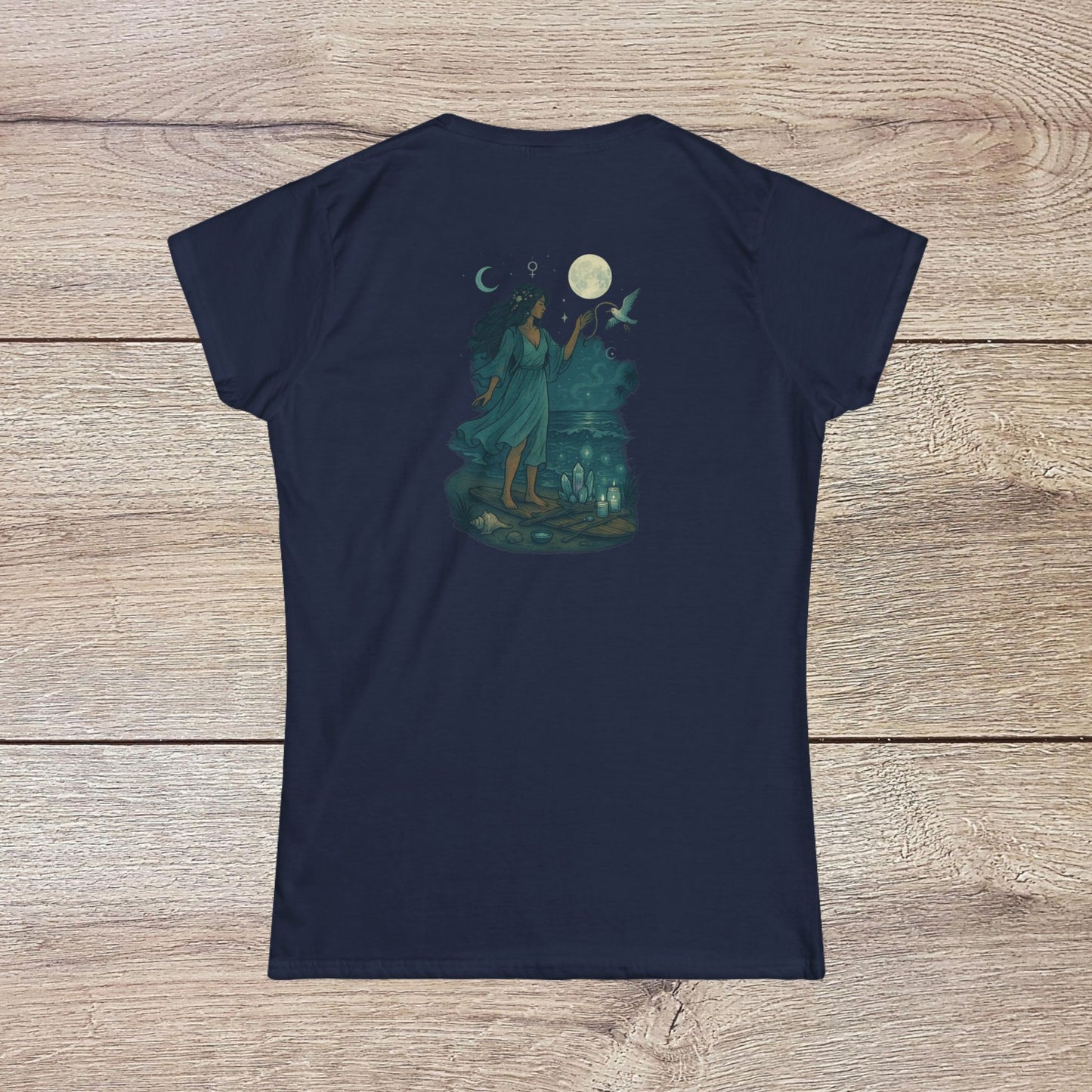 Moon Child T-Shirt - Back view of the navy slim-fit tee featuring a whimsical design of a woman with the moon, capturing the essence of a carefree lifestyle for dreamers.