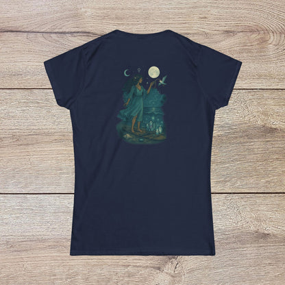 Moon Child T-Shirt - Back view of the navy slim-fit tee featuring a whimsical design of a woman with the moon, capturing the essence of a carefree lifestyle for dreamers.