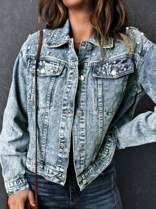 Stylish Plus Size Denim Jacket with Pearl Detail and Button Up Closure, showcasing a front view with a fashionable fit and long sleeves.