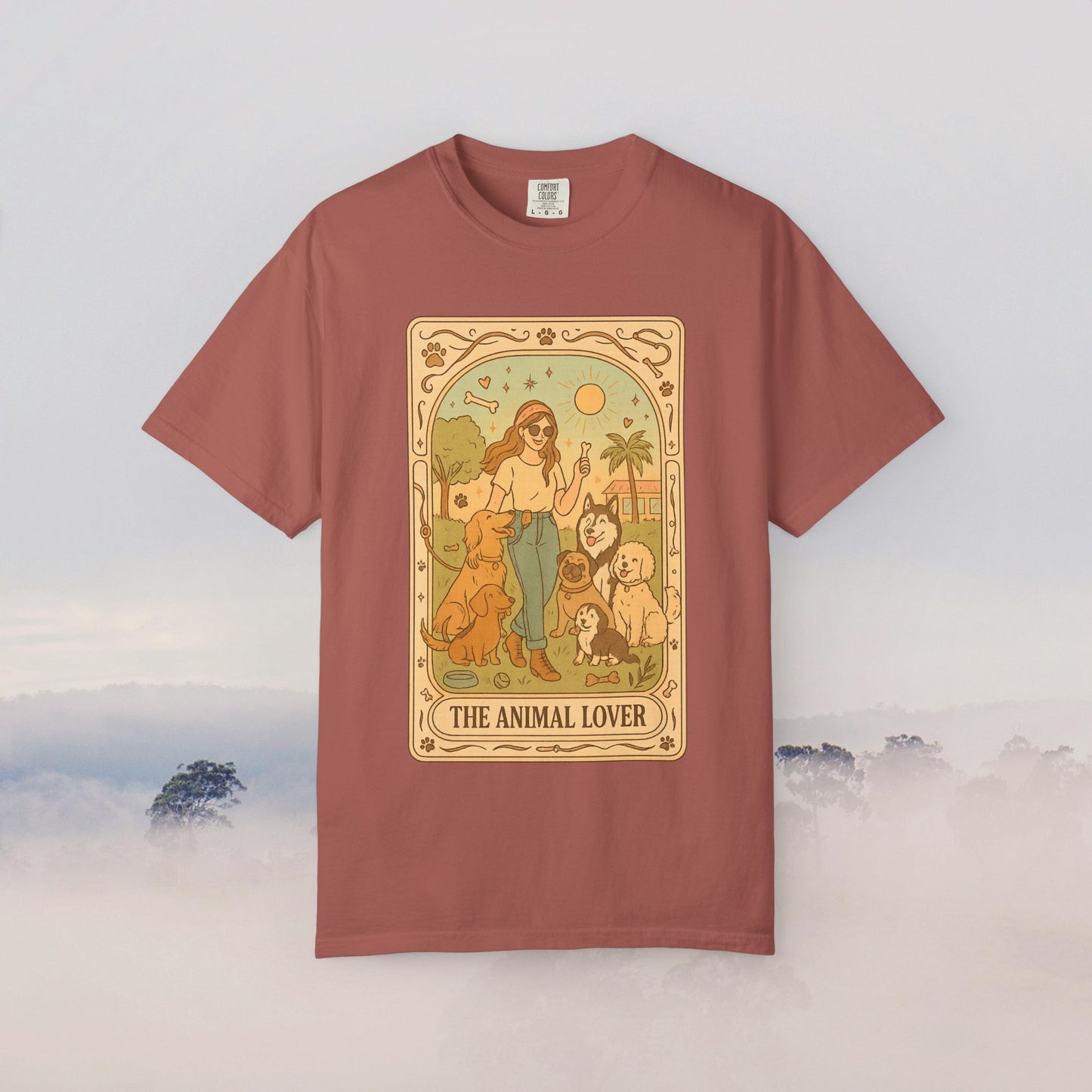 Animal Lover Tarot Tee in terracotta, displaying a charming illustration of a woman and her pets, constructed from soft 100% cotton, available in sizes S to 4XL, eco-friendly and durable.