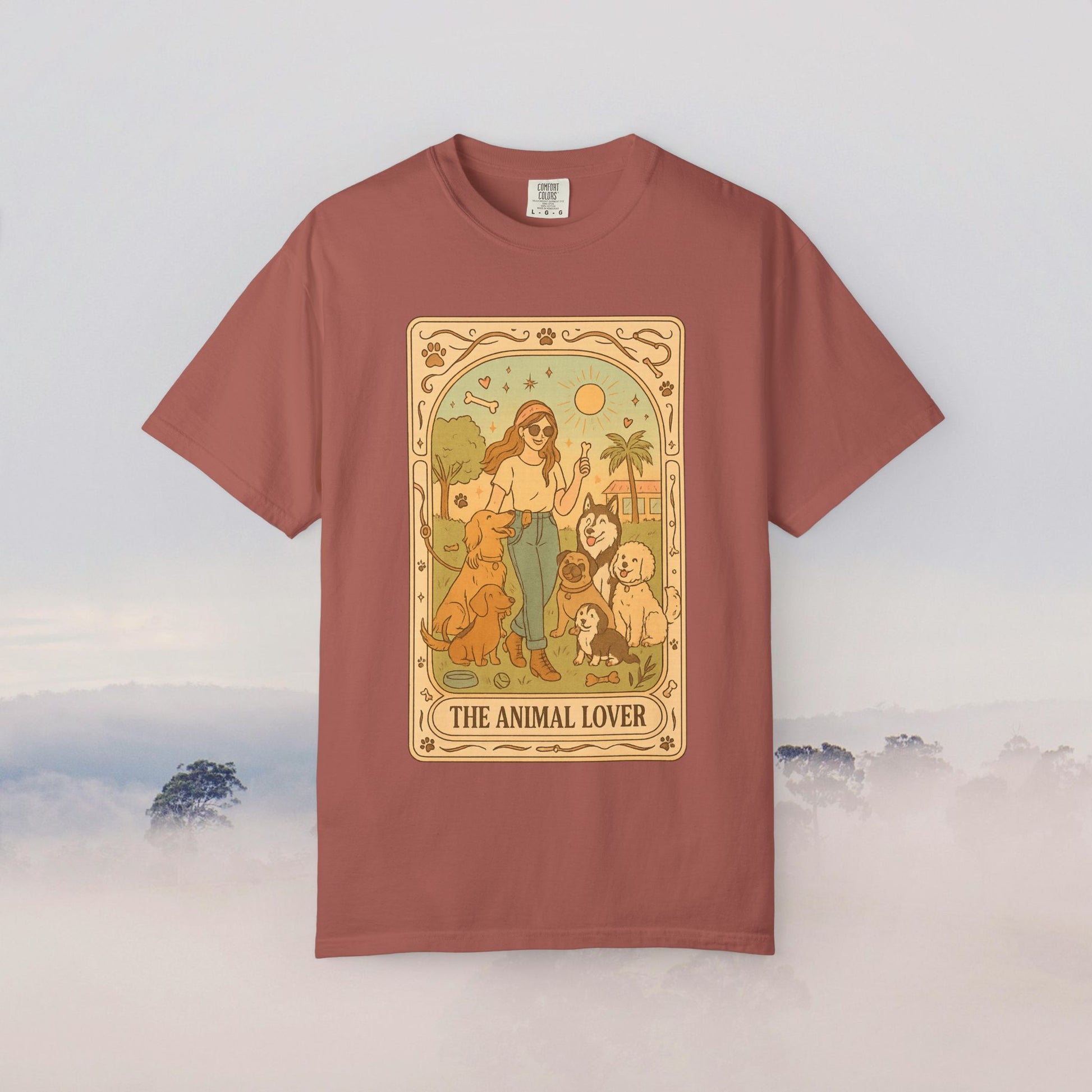 Animal Lover Tarot Tee in terracotta, displaying a charming illustration of a woman and her pets, constructed from soft 100% cotton, available in sizes S to 4XL, eco-friendly and durable.