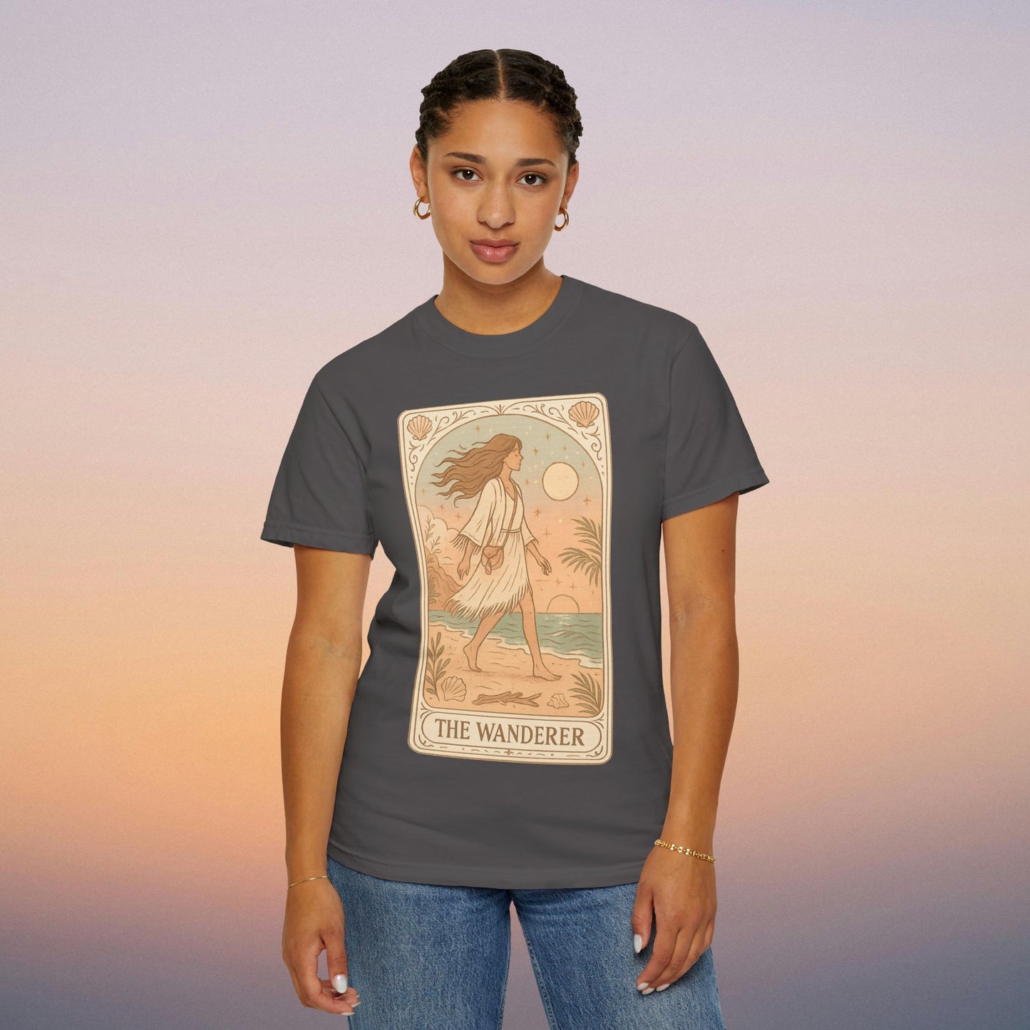 Wanderer Tarot Graphic Tee in sleek gray, displaying the serene design of The Wanderer. Crafted from 100% ethically made cotton, this stylish tee comes in sizes S to 4XL, perfect for comfort and unique fashion.