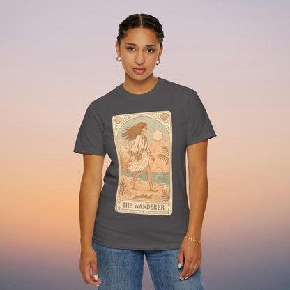 Wanderer Tarot Graphic Tee in sleek gray, displaying the serene design of The Wanderer. Crafted from 100% ethically made cotton, this stylish tee comes in sizes S to 4XL, perfect for comfort and unique fashion.