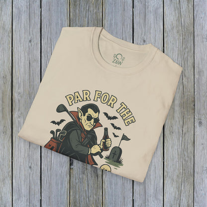 Funny Halloween Unisex T-Shirt featuring 'Par For The Curse' graphic design, perfect for spooky fall fashion.