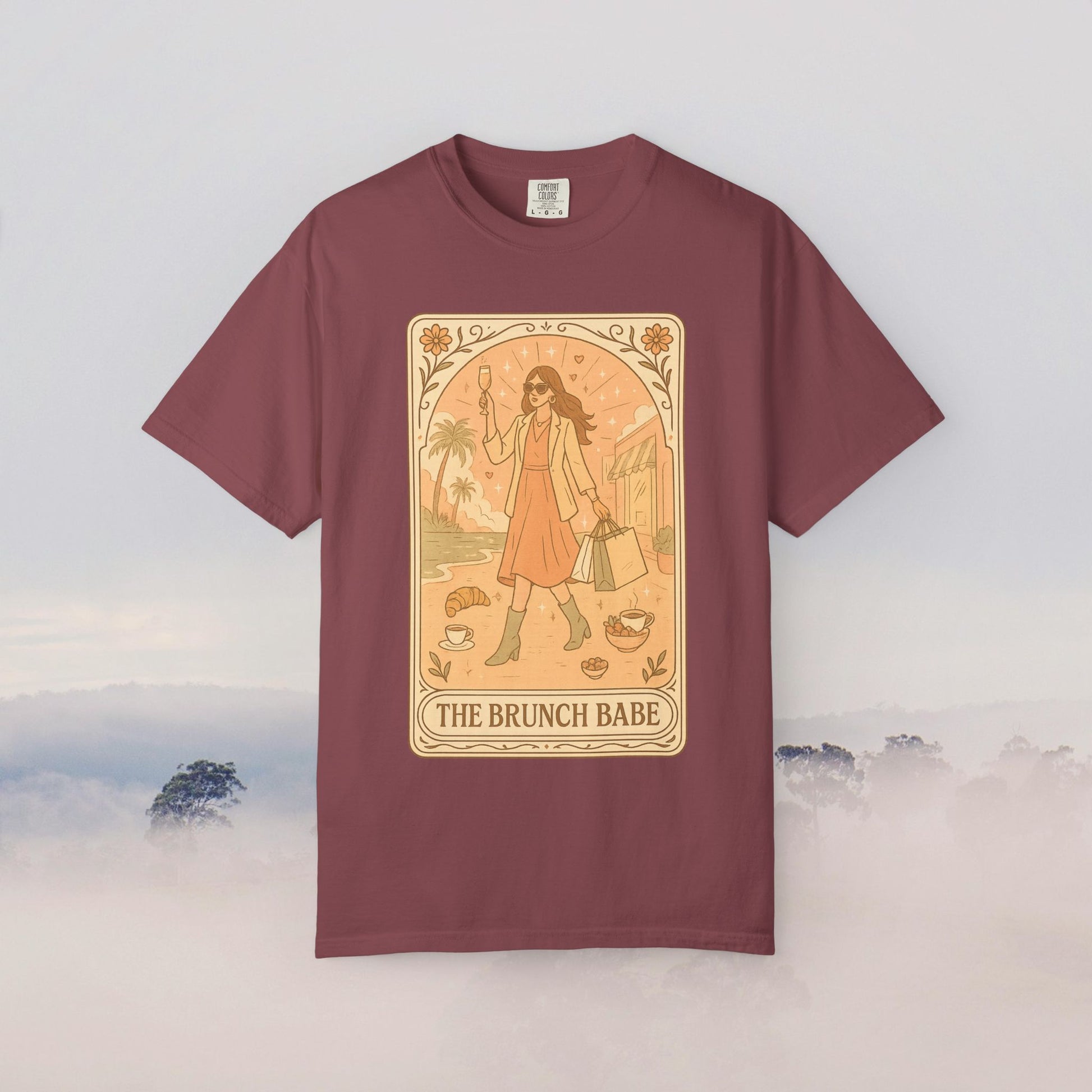 Brunch Babe Tarot Graphic Tee in rich maroon, crafted from 100% cotton, ideal for casual wear and brunch events, available in sizes S-4XL.