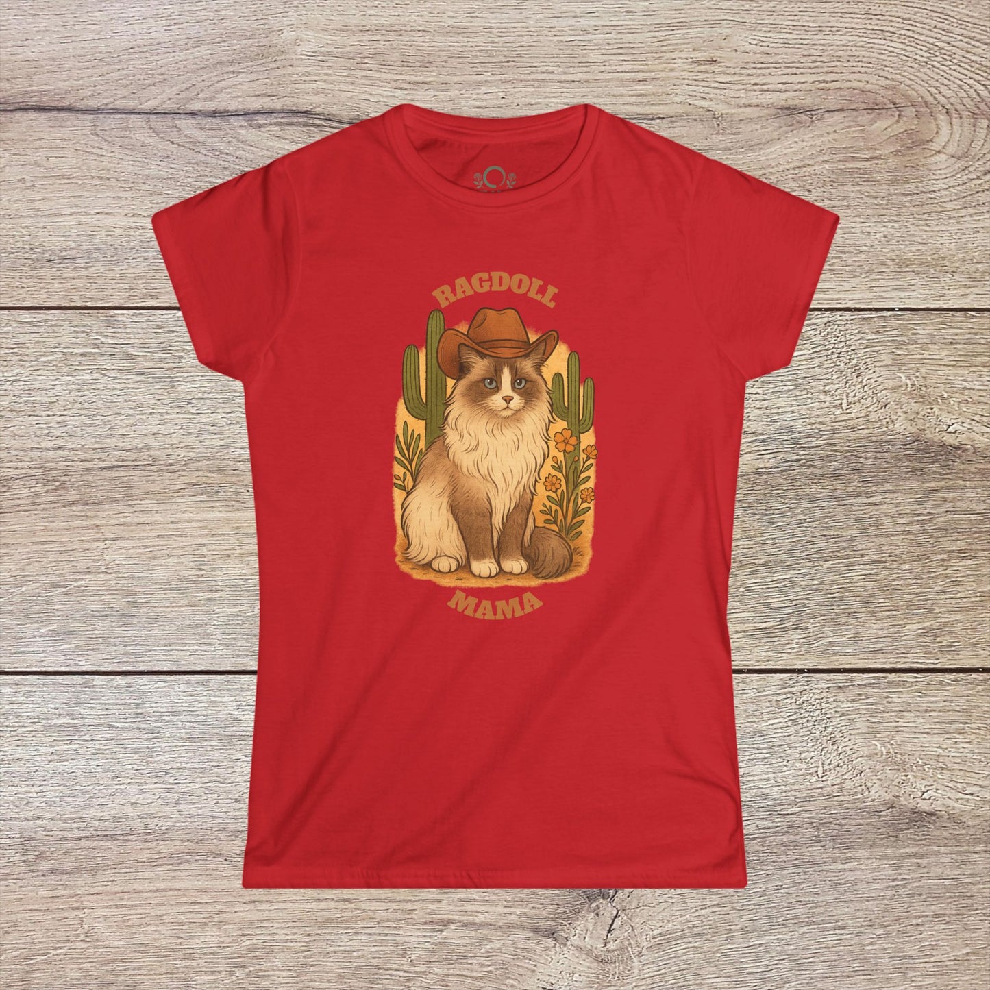 Ragdoll Mama T-Shirt in bright red, featuring a whimsical illustration of a Ragdoll cat with a cowboy hat and cacti. A must-have gift for cat lovers.