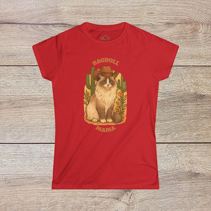 Ragdoll Mama T-Shirt in bright red, featuring a whimsical illustration of a Ragdoll cat with a cowboy hat and cacti. A must-have gift for cat lovers.
