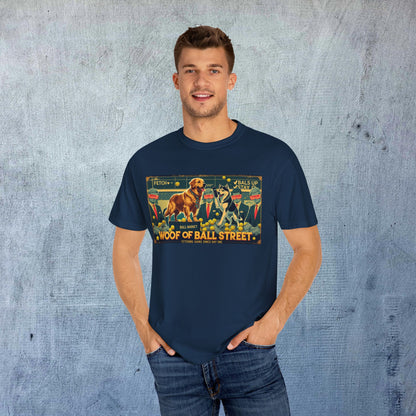Smiling model wearing the navy Sleek Woof of Ball Street T-Shirt, emphasizing the unique artwork and comfortable fit for everyday style.