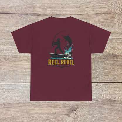 Fishing Adventure Tee in maroon color displaying 'REEL REBEL' theme. Versatile unisex heavy cotton shirt perfect for fishing enthusiasts and casual wear.