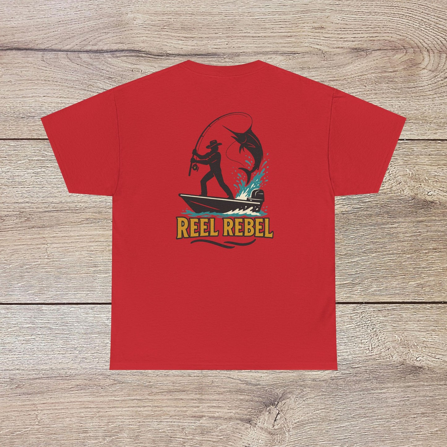 Fishing Adventure Tee in bright red color featuring the 'Reel Rebel' design, ideal for anglers. Durable heavy cotton shirt perfect for outdoor activities.