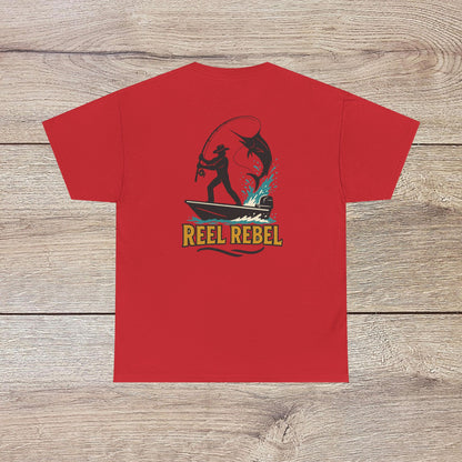 Fishing Adventure Tee in bright red color featuring the 'Reel Rebel' design, ideal for anglers. Durable heavy cotton shirt perfect for outdoor activities.