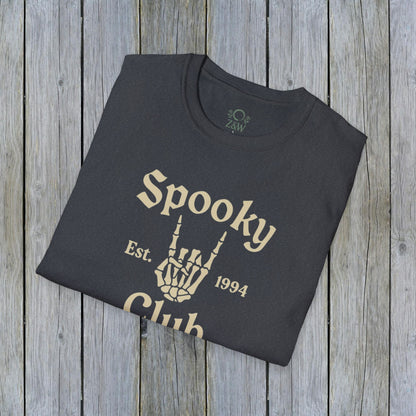 Unisex Spooky Club Tee in dark gray, highlighting an eye-catching skeleton hand illustration with 'Spooky Club Est. 1994' text, made from high-quality 100% cotton.