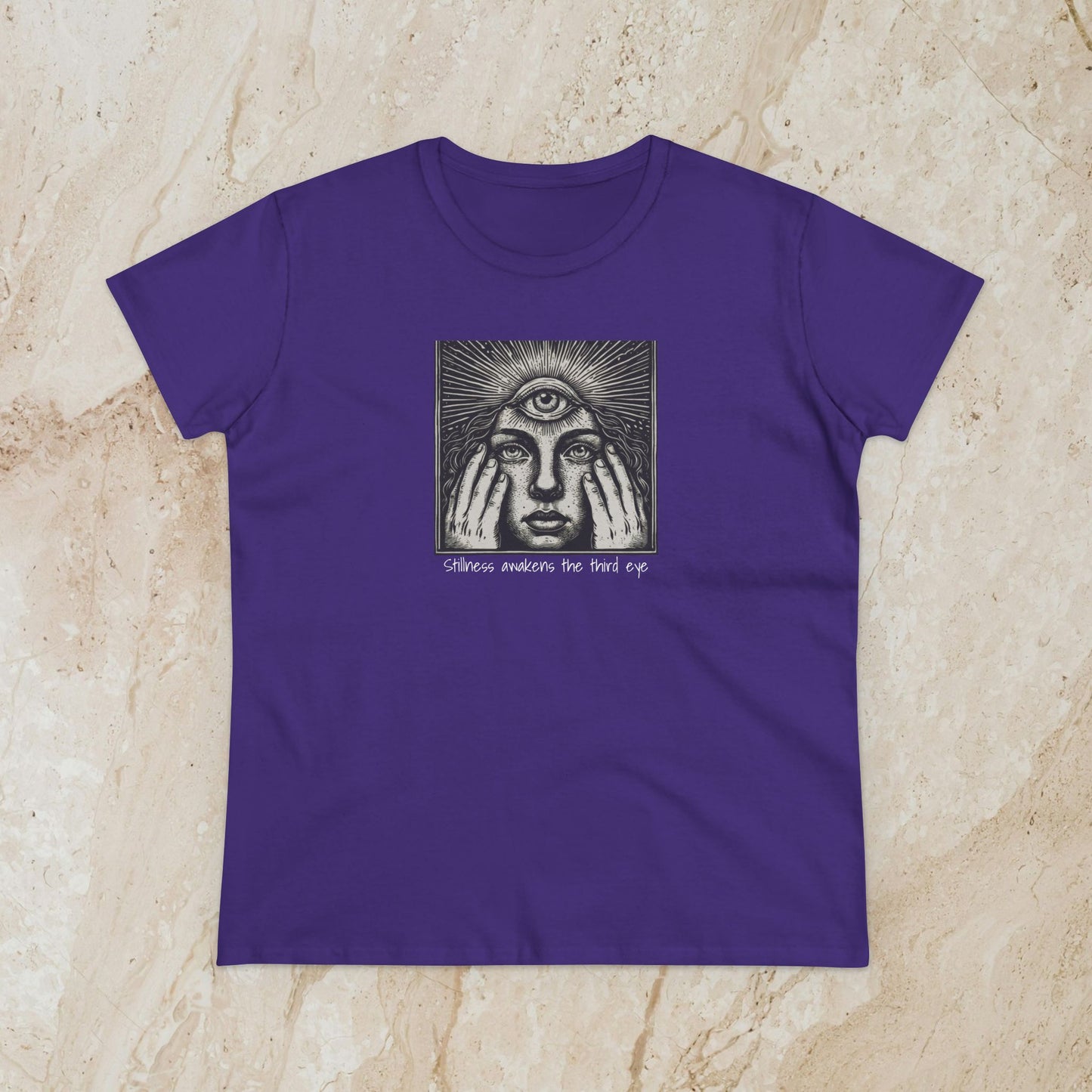 Stylish Third Eye Graphic Tee in purple color, featuring an intricate design with an eye motif. Made from 100% cotton, this cropped fit t-shirt offers durability and comfort for a fashionable look.
