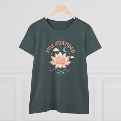 Stay Grounded Spiritual Tee displayed on a hanger, highlighting the elegant lotus illustration and relaxed fit, great for summer vibes.