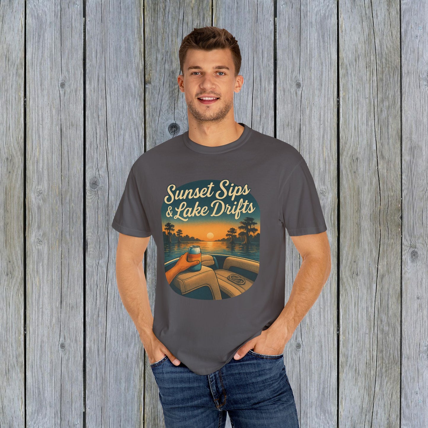 Model showcasing Lake Drifts T-Shirt in gray with 'Sunset Sips & Lake Drifts' print, perfect for lake lovers.