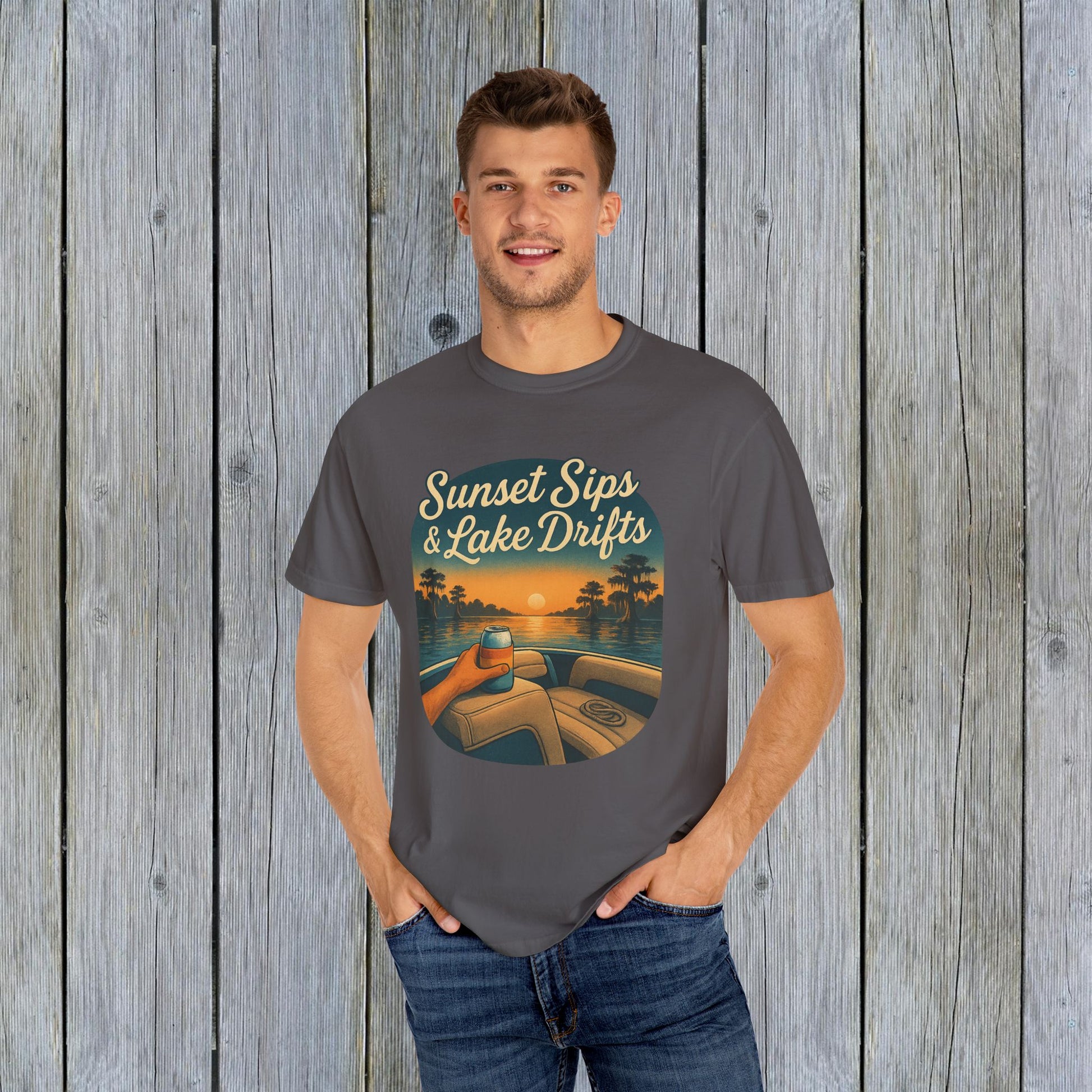 Model showcasing Lake Drifts T-Shirt in gray with 'Sunset Sips & Lake Drifts' print, perfect for lake lovers.