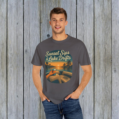 Model showcasing Lake Drifts T-Shirt in gray with 'Sunset Sips & Lake Drifts' print, perfect for lake lovers.