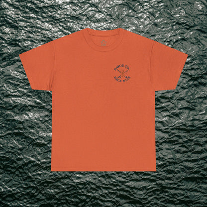 Bayou To Back Nine Softstyle Golf Tee in warm orange hue, designed for comfort and style, ideal for casual outings and leisure time.