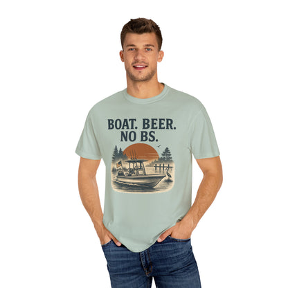Man wearing the Boat Beer No BS Tee in mint green, showcasing a playful graphic design ideal for boating enthusiasts.