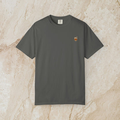 Golden Whiskey Dog Tee in charcoal grey color, presenting a unique vintage style, constructed with 100% cotton, relaxed fit, and left chest pocket.