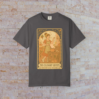 Culinary Queen Tarot Tee in dark gray, featuring an artistic depiction of a culinary theme, perfect for food enthusiasts.