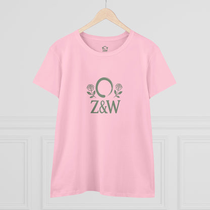 Front view of ZenAndWhiskey Classic 100% Cotton Tee in pink, showcasing Z&W logo and roses, great for relaxed style.