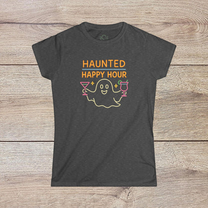 Haunted Happy Hour T-Shirt in charcoal gray, displaying a cheerful ghost illustration with drinks, perfect for Halloween events and sustainable fashion choices.