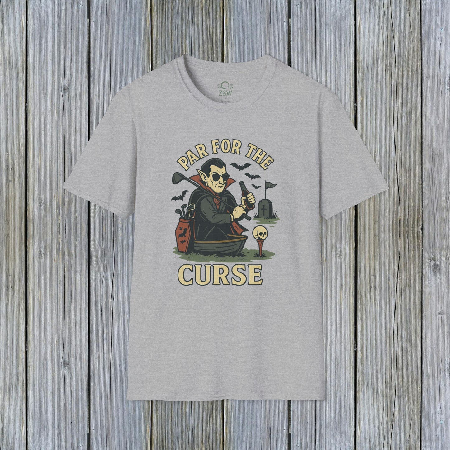 Light gray Funny Halloween Unisex T-Shirt showcasing 'Par For The Curse' graphic, a must-have for Halloween attire.