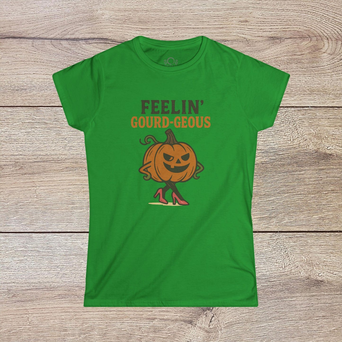 Gourd-geous Halloween Pumpkin T-Shirt in bright green, showcasing a stylish pumpkin with legs, ideal for casual fall fashion and Halloween festivities.