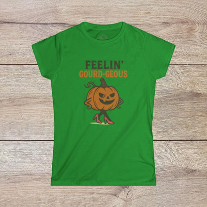 Gourd-geous Halloween Pumpkin T-Shirt in bright green, showcasing a stylish pumpkin with legs, ideal for casual fall fashion and Halloween festivities.