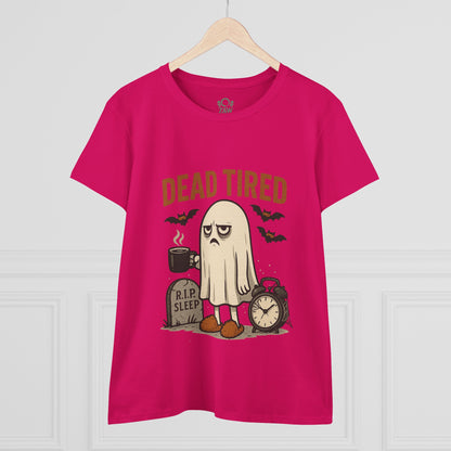 Cute Whimsical Ghost T-Shirt for Halloween in vibrant pink, featuring a sleepy ghost character with 'DEAD TIRED' text, perfect for cozy, casual wear.