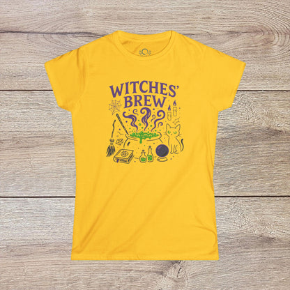 Witches' Brew Halloween T-Shirt in yellow color showcasing a lively print with spooky motifs and a playful cat, ideal for festive autumn wear.